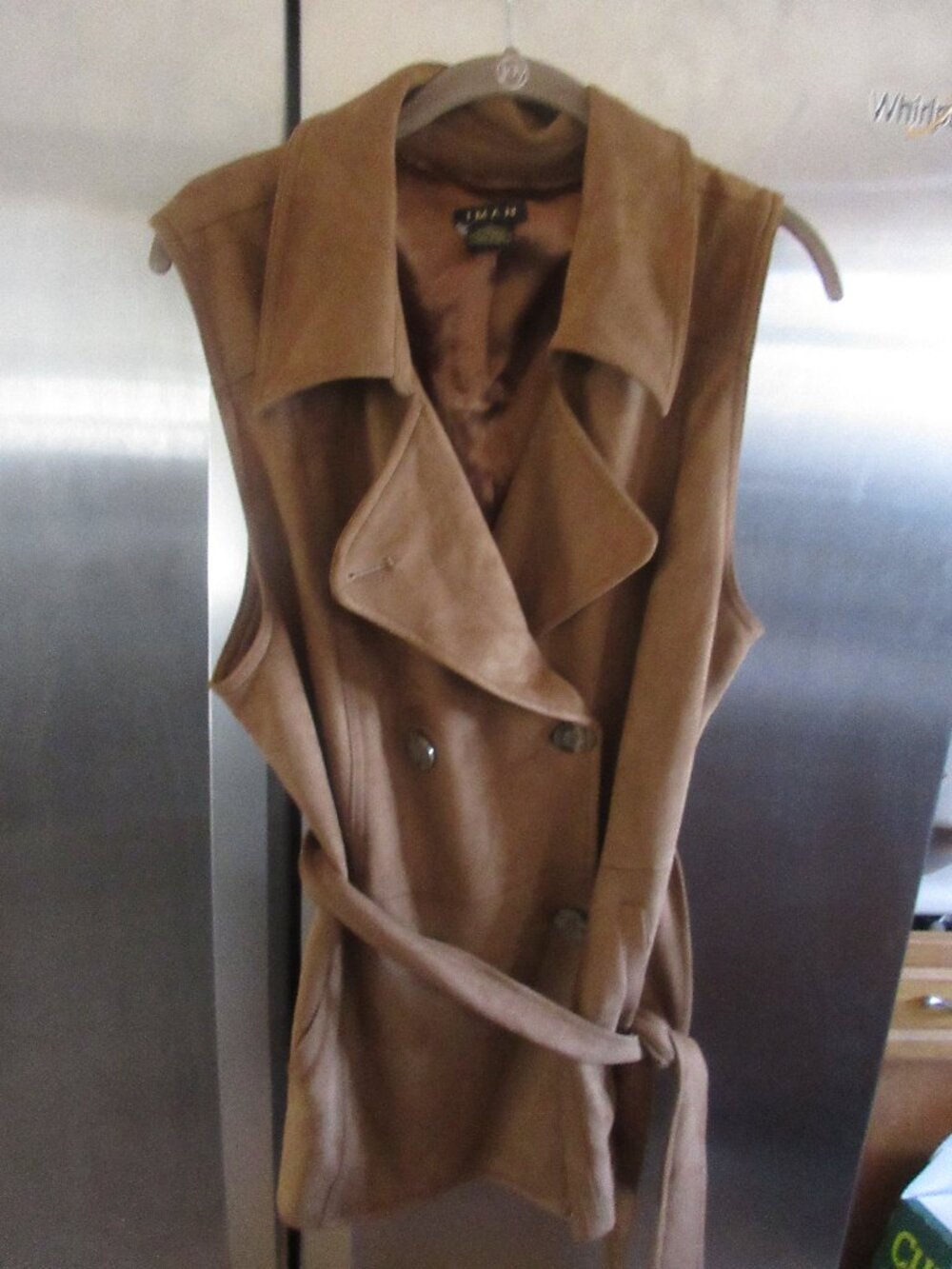 iman brown faux suede easycare brown tan belted vest xl